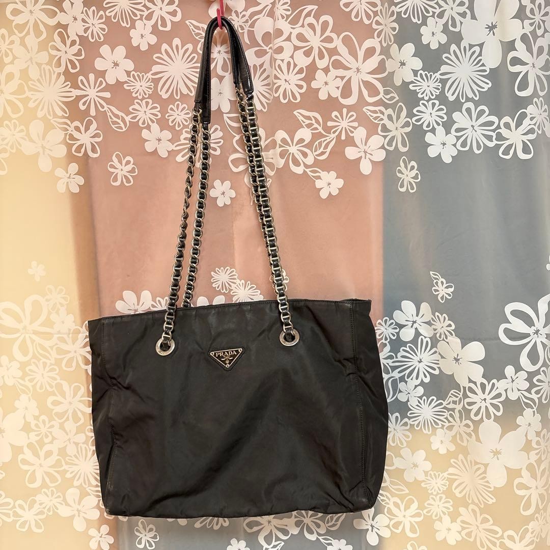 PRADA Black Nylon Tote Bag Chain Triangle Logo Authentic Unused