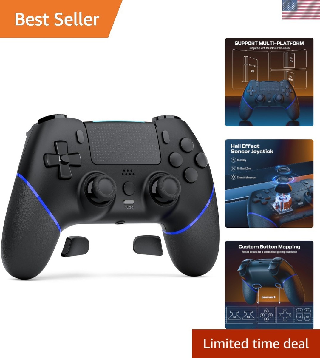 Wireless Controller for PS4 with Hall Effect Joystick 2 Macro