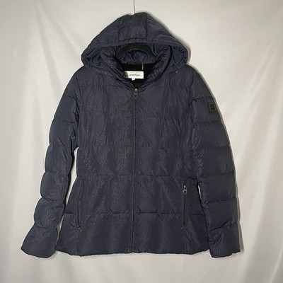 Calvin Klein CK Women s M Puffer Duck Down Jacket Black Zip Pockets Hood Quilted