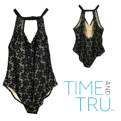 Time & Tru Plus Sz 2X Black Floral Crochet Overlay High Neck One Piece Swimsuit