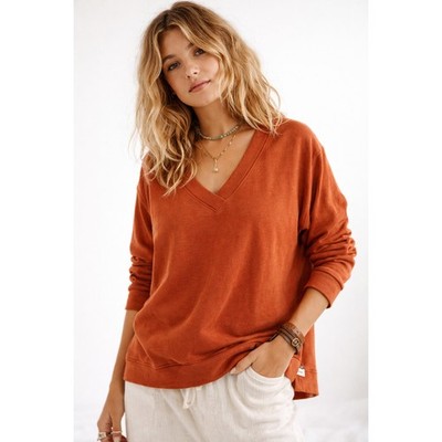 Orvis Fleece Sweatshirt Womens 2XL Orange Soft V-Neck Long Sleeve Oversized