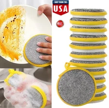 10× Reusable Double-Sided Dishwashing Microfiber Sponge Kitchen Cleaning Pads US