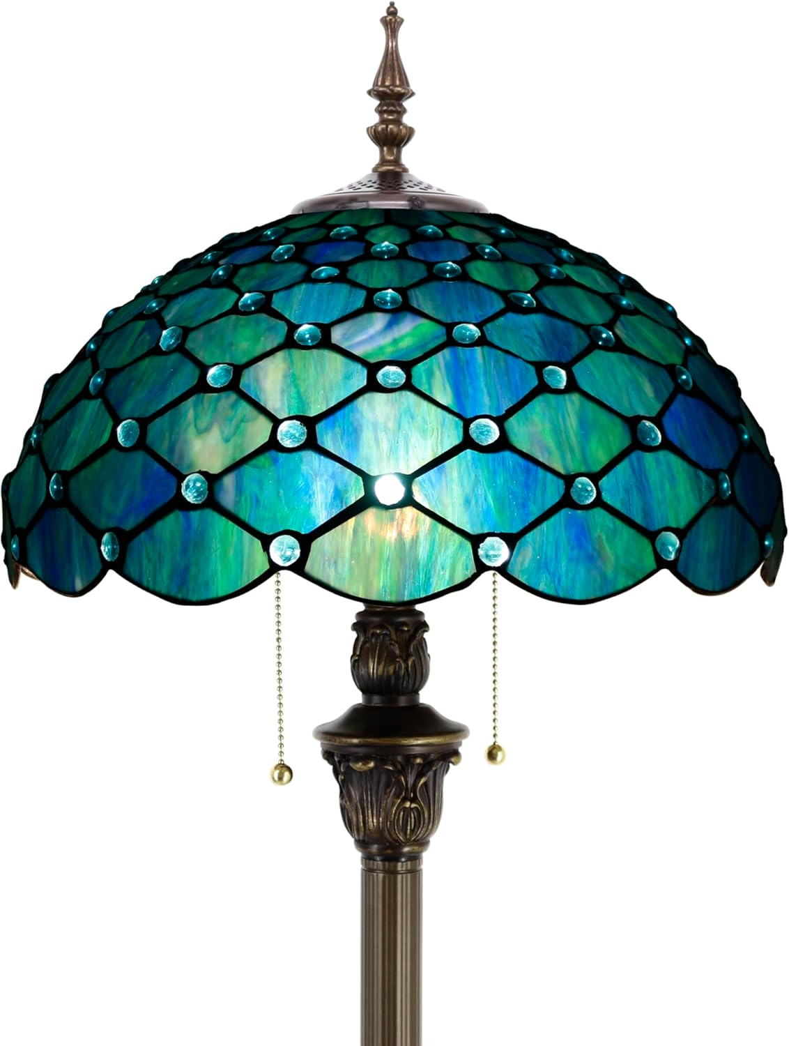 Antique Tiffany Stained Glass Floor Lamp - Sea Blue Pearl Reading Light 70
