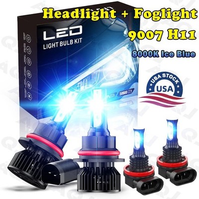 For Chevrolet Cobalt 2005-2010 LED Headlight Bulbs Combo 4x 9007+H11 Ice Blue
