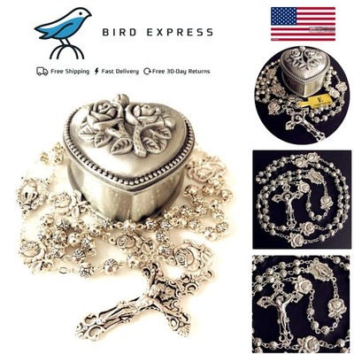 HANDMADE 925 Silver Rose Beads Catholic 5-Decade Rosary w Cross Gift Box Italy