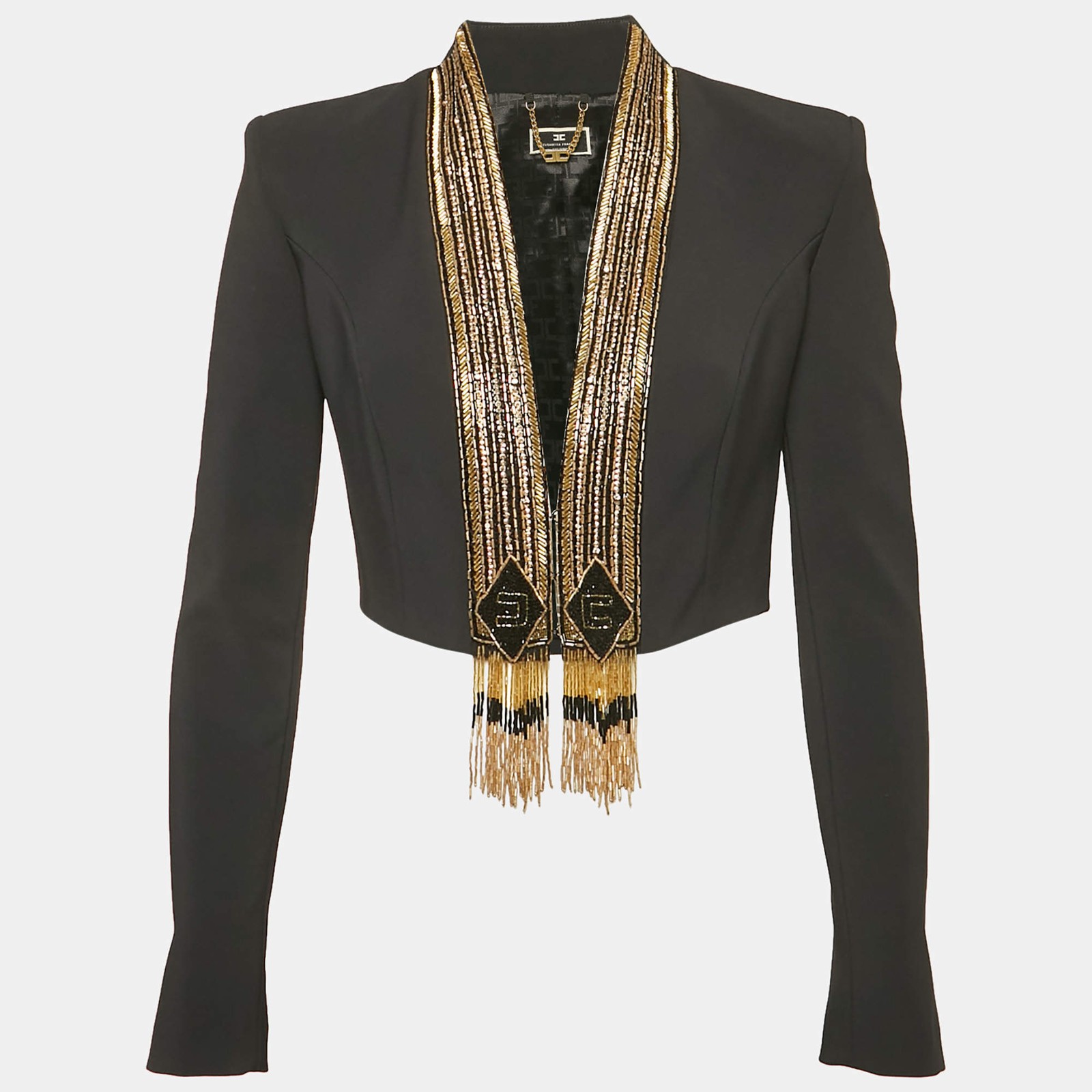 Elisabetta Franchi Black Embellished Crepe Cropped Blazer M
