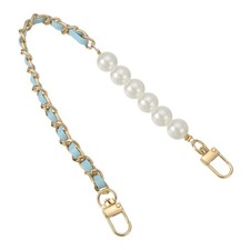 Leather Wristlet Strap, 14" Imitation Pearl Short Wrist Purse Blue, Gold 