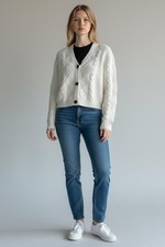 Ladies Ex Zara Cardigan Jumper Cropped LS Button Front Solid Cable Top 03