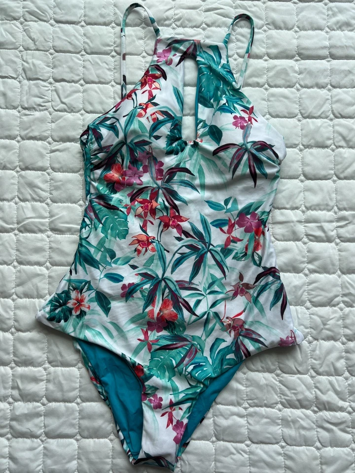 BECCA by Rebecca Virtue Floral Tropical Cutout One Piece Swimsuit Teal Green S - Image 2 of 4