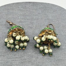 Green Enamel Rhinestone Beaded Dangle Earrings Boho Cluster Drop Pierced Hooks