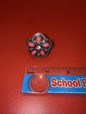 Silver Tone Flower Stretch Ring Pink Stones Rhinestones 1.25" Tall