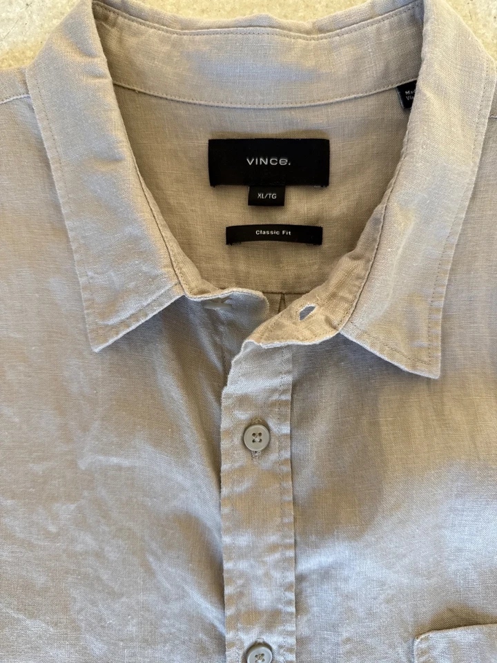 Vince Men's XL 100% Linen Short Sleeve Button Up Shirt Classic Fit Beige/Taupe - Image 4 of 4