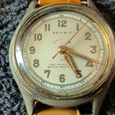 Rensie Vintage Swiss Manual Wind Antimagnetic Watch Gold Case Brown Leather