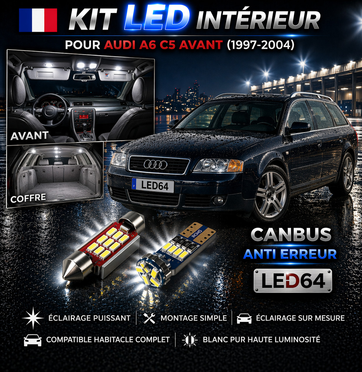 Kit LED habitacle Audi A6 C5 Avant pour rénover le plafonnier