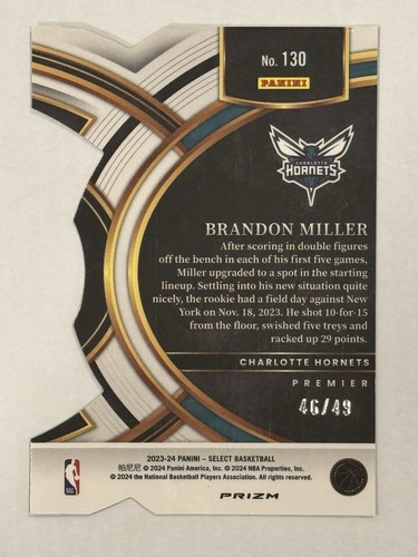2023-24 Panini Select Bronze Checker Brandon Miller Die-Cut Rookie 46/49 SSP RC. - Picture 2 of 2
