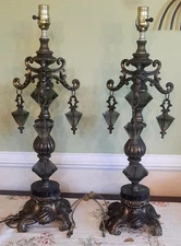 Vintage MCM Smokey Lucite  Brass Hollywood Regency Lamps