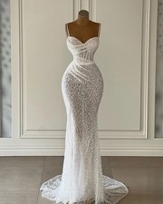 Elegant Mermaid Wedding Dresses Spaghetti Sequined Sweep Train Bridal Gowns