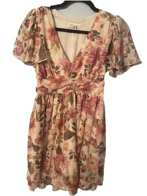 Just Found Floral Ruffle Short Dress Pink Beige Green V-Neck Flutter Sleeve M