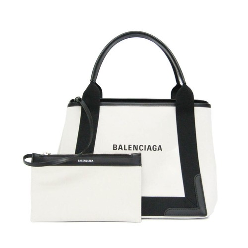 Balenciaga Navy Cabas S 339933 Canvas Leather Tote Bag Black Off White Auth