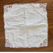 Vintage White Linen Handkerchief Pastel Pink Green Hand Crochet Lace Floral Edge