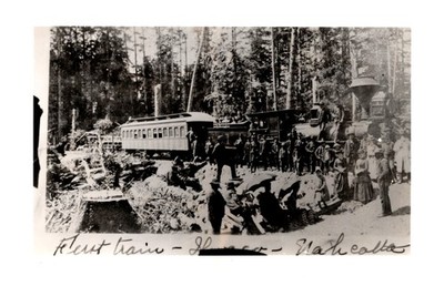 postcard First Train Loco-Wathcalta line as people gather around it RPPC B2540