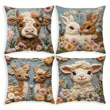 4pcs Animal Pillow Covers Short Plush Floral Farm Animal Cushion Cases Gift