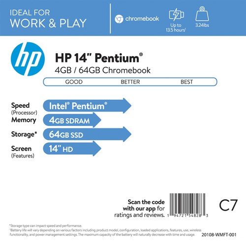 HP 14" Intel Pentium 4GB/64GB Chromebook - Silver - 14a-na0031wm - Afbeelding 3 van 10