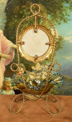 Beautiful Antique French Toleware Watch / Jewellery Stand, Mirror & Glass Bowl - Picture 11 of 12