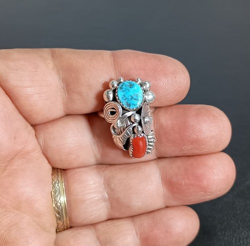 Native America Navajo Sterling Silver Coral & Turquoise Ring Max Calladitto 8.50 - Picture 8 of 9