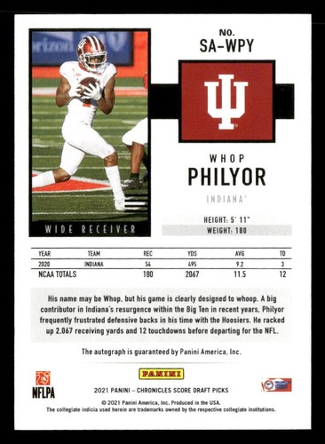 2021 Chronicles Draft Picks Whop Philyor #SA-WPY Score RC AUTO Indiana - Picture 2 of 2