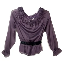Victor Costa Purple Blouse Size S Small Chiffon Sheer Sleeves Rosettes Belted