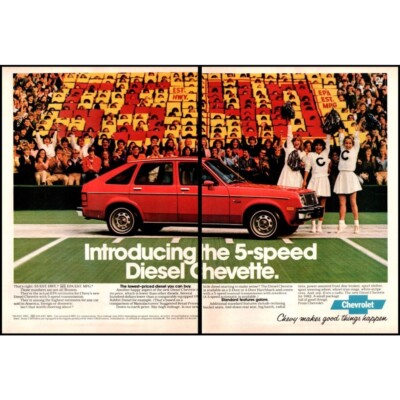 1982 Chevy Diesel Chevette 2 Page Vintage Print Ad Football Cheerleader Wall Art