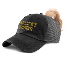 Womens Ponytail Cap 1 Lucky Brother Blessed Family D Distressed Trucker Hats