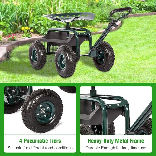 Rolling Garden Cart Swivel Work Seat Scooter Planting Tool Tray Basket Handle - Picture 6 of 9