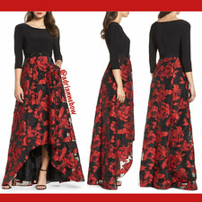 NEW Adrianna Papell Rose Organza High Low Maxi Dress in Black/Red [SZ 2 ] #G83