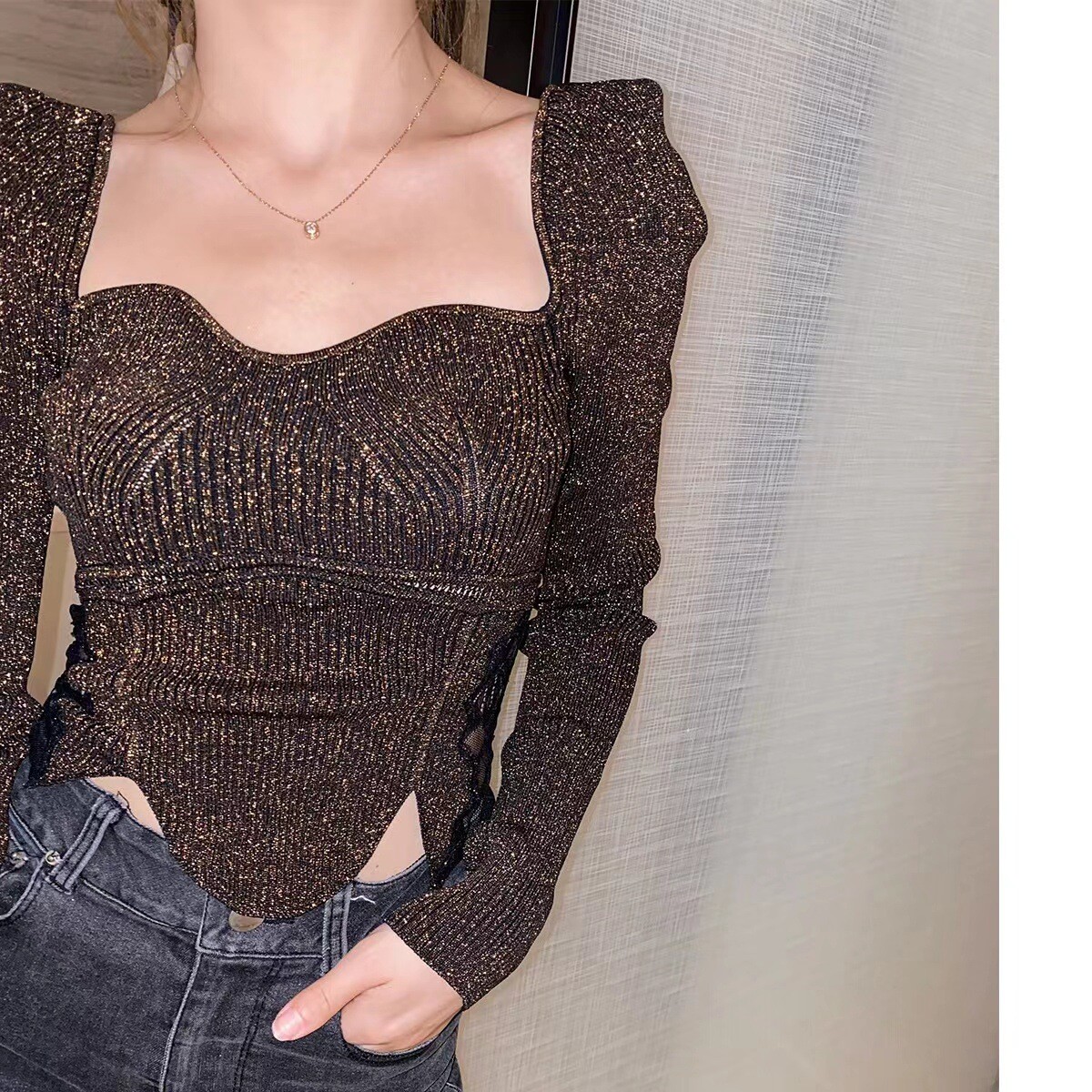 Self Portrait Long sleeve Lace side waist Jumper knit cropped top Sweater