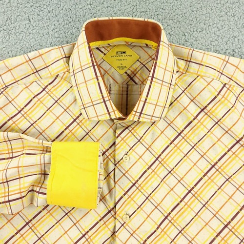 Steven Land Dress Shirt Mens 16 1/2 Yellow Trim Fit Office Classic Flip Cuff