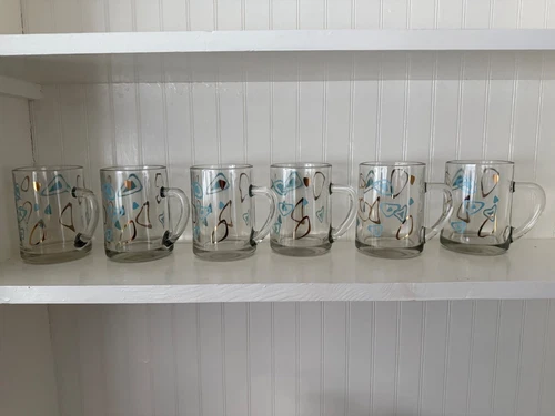 Set of 6 pristine Vintage Atomic MCM Amoeba Turquoise & Gold mugs mid-century 