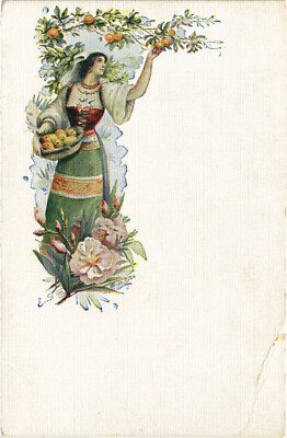PC ARTIST SIGNED, LYON, LADY WITH FLOWERS AND FRUITS, Vintage Postcard (b50836)