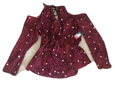 NWT Bold Elements Red cold shoulder long sleeve top Large Cheetah hearts $44 -B2