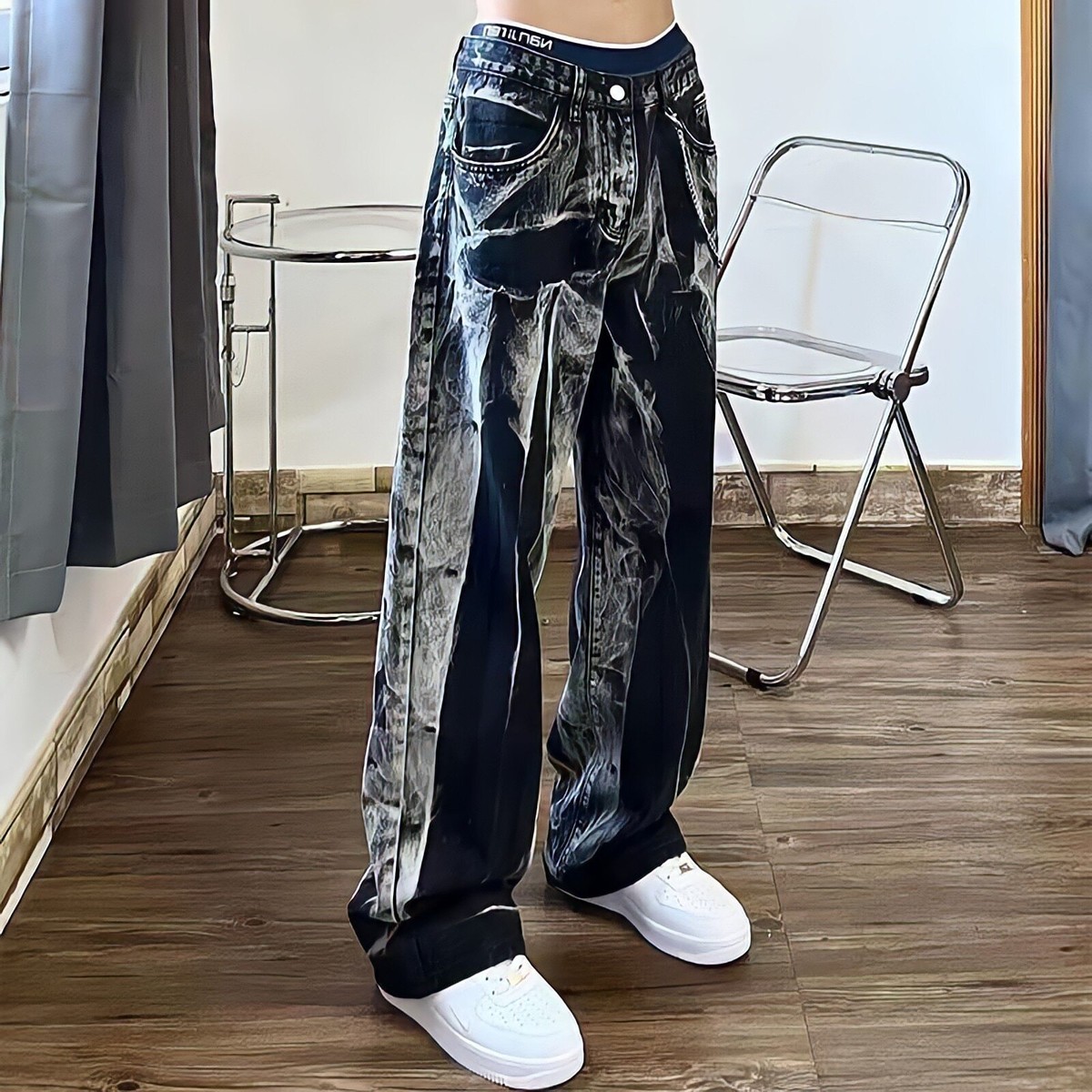 Baggy Black Jeans Women Tie Dye Washed Straight Wide Leg Pants