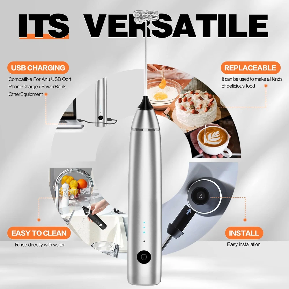 Milk Frother Rechargeable Handheld Electric Whisk Coffee Frother Mixer with 2... Milk Frother Rechargeable Handheld Electric Whisk Coffee Frother Mixer with 2...
