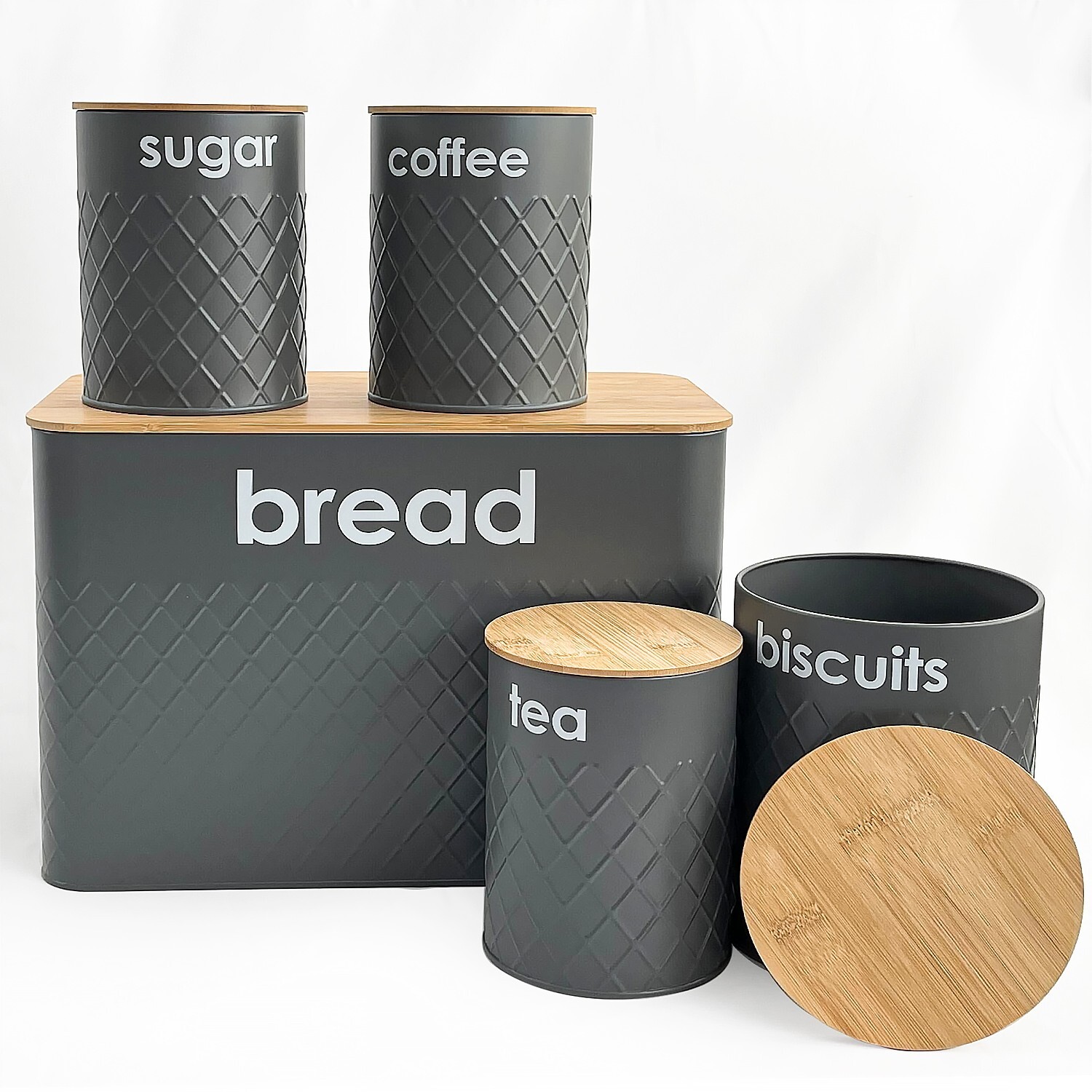 5pc Gray Bread Bin Canister Set Box, Kitchen Loaf Storage + Airtight