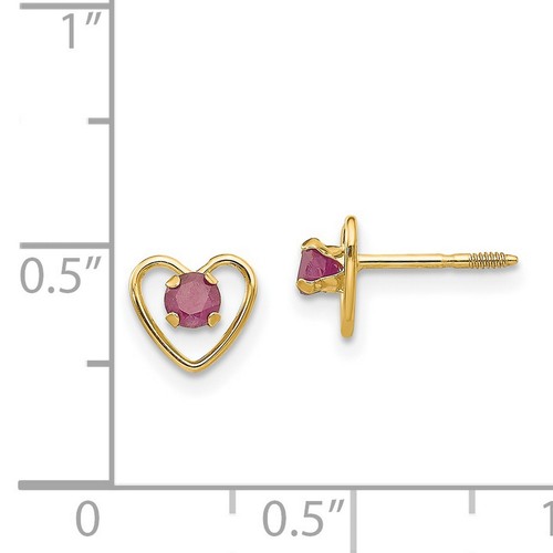 14k Yellow Gold Childrens 3mm Lab-Created Ruby Birthstone Heart Earrings - Picture 5 of 8