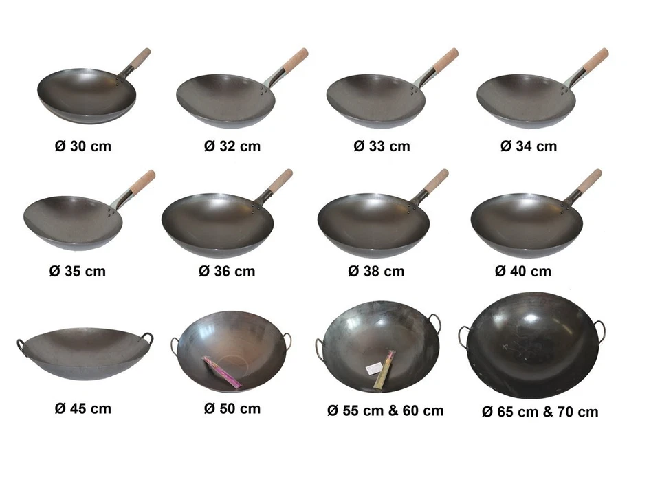 Wok Pfanne Ø 30 - 75 cm runder Boden Carbon Stahl Gasherde Grill Induktionsmulde - Bild 1 von 4
