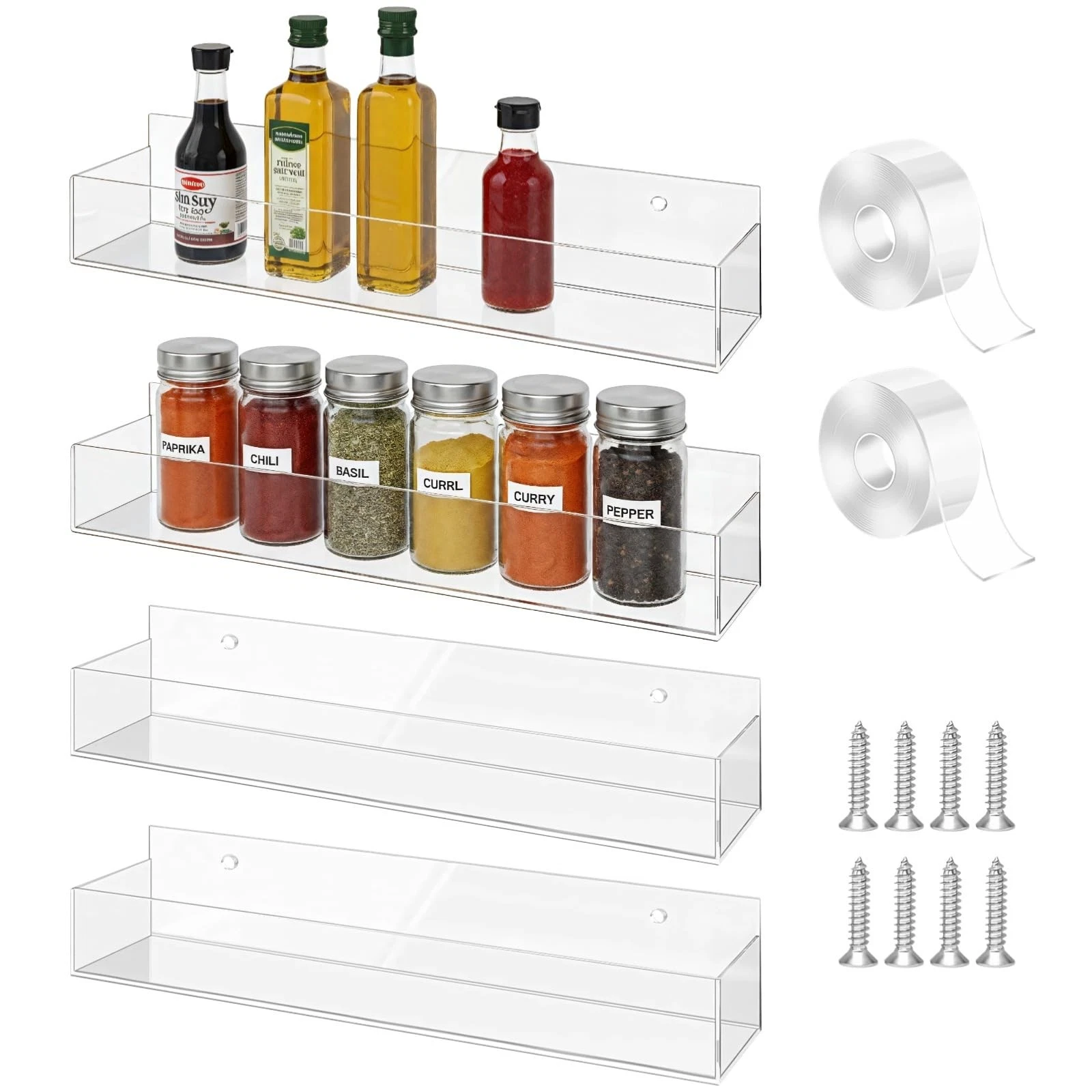 4 PCS Clear Acrylic Wall Mount Adhesive Spice Rack Hanging Pantry Organizer