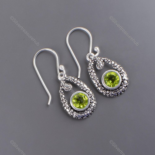 Round Peridot Gemstone Sterling Silver Elegant Dangling August Bezel Earrings - Picture 3 of 8