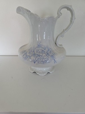 Vintage Ceramic Water Pitcher X.L.R. Blue Florals Some Cracks/Chips