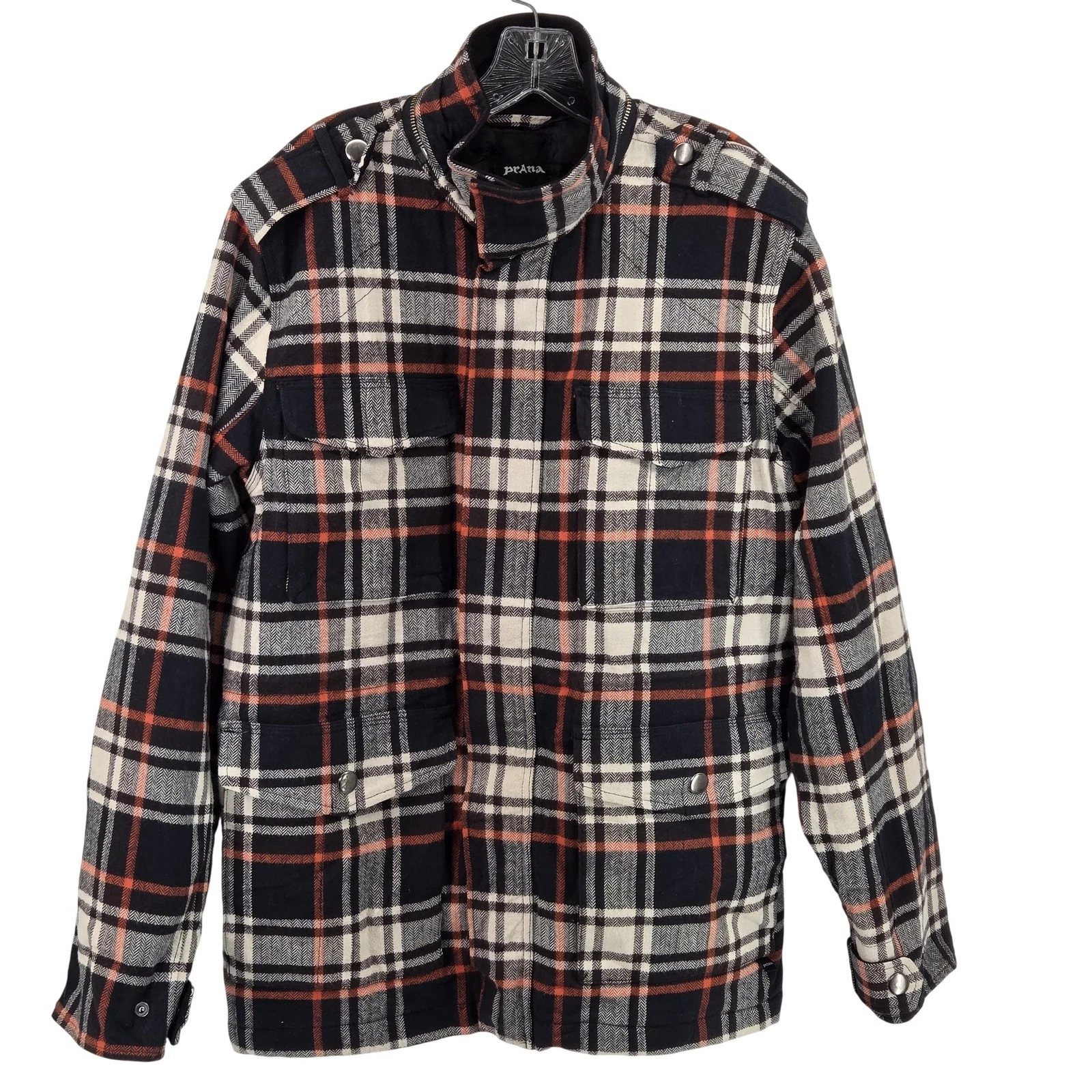 PrAna Jacket Mens Medium Black Plaid Lined Insulated Military Flannel Utility