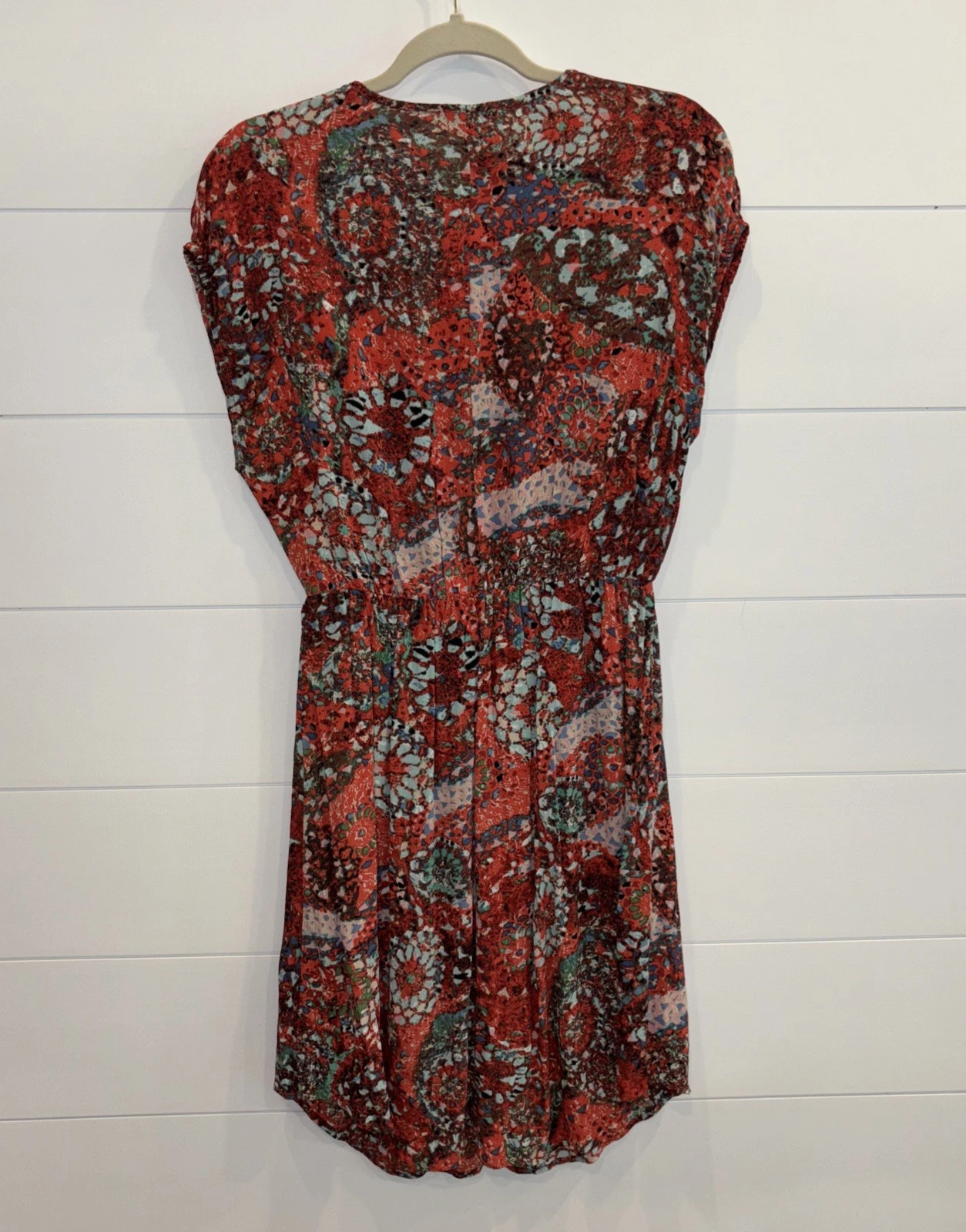 VETEMENTS Abito CABI 862 St. Barts mosaico finto avvolgente scollo a V manica corta cappuccio taglia M corallo